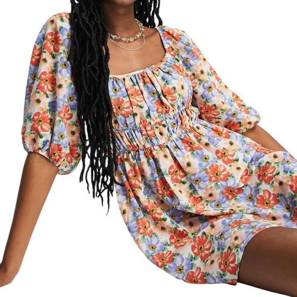 ASOS Maternity Floral Puff Sleeve Skater Mini Dress Ruched Bust Size 16 - Picture 1 of 5